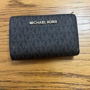 Michael Kors Brown Signature Zip Around Wallet with Gold Logo